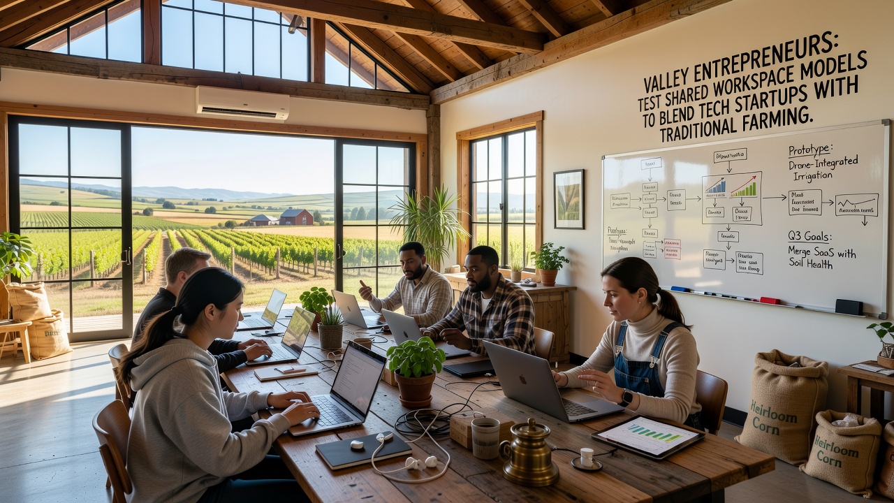 Interior shot of a collaborative workspace showing developers and farming supply managers reviewing logistics data together