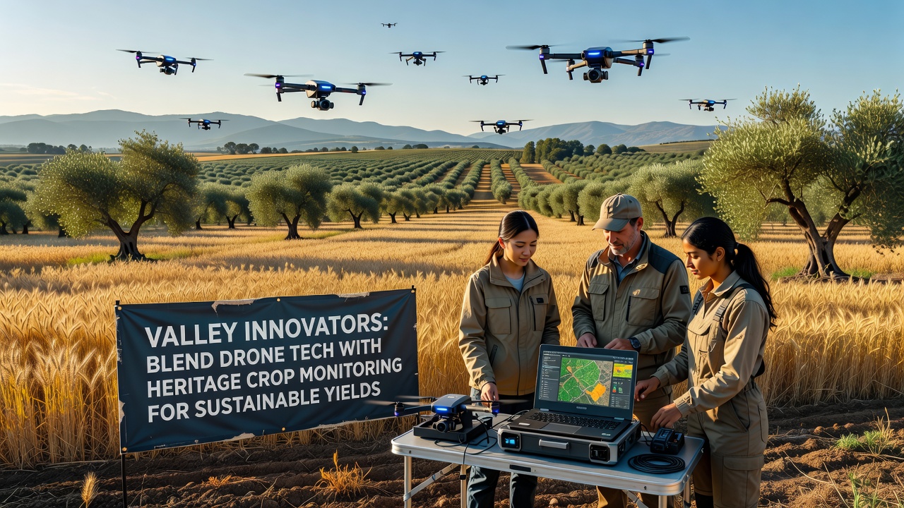 Close-up of a drone operator reviewing multispectral crop data on a tablet beside heritage crop rows