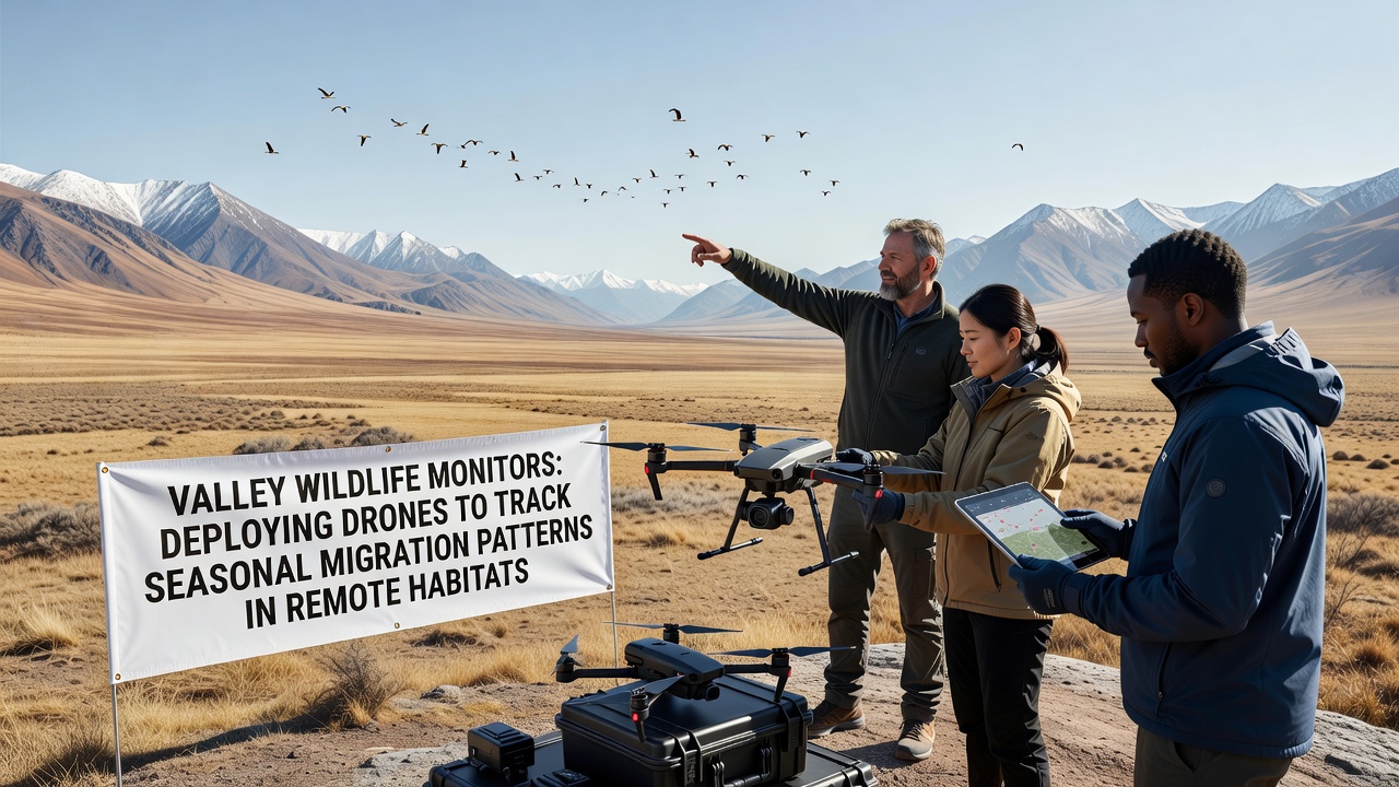 Wildlife researchers reviewing drone footage of migrating animals in the valley